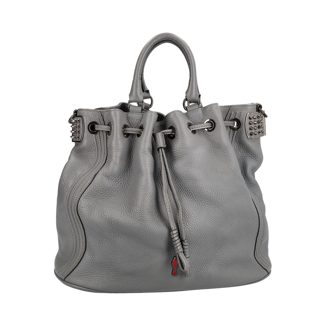 Leather Dompteuse Spiked Drawstring Bag Grey