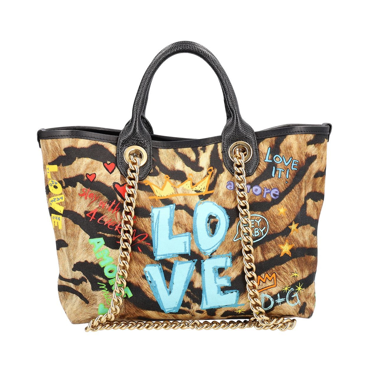 DOLCE & GABBANA Leopard Print Graffiti Iguana Amore Tote