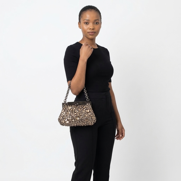 Crystal Embellished Mini Clutch Gunmetal/Amber