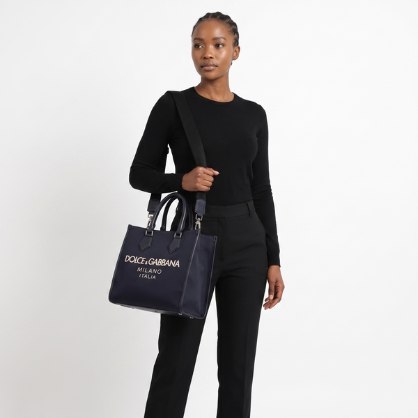 Nylon/Leather Logo Shopper Navy