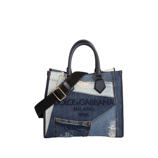 Denim Patchwork Edge Logo Shopper Blue