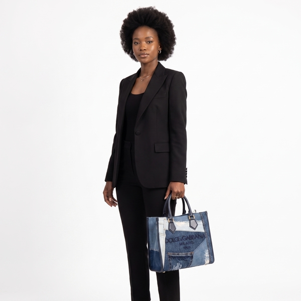 Denim Patchwork Edge Logo Shopper Blue