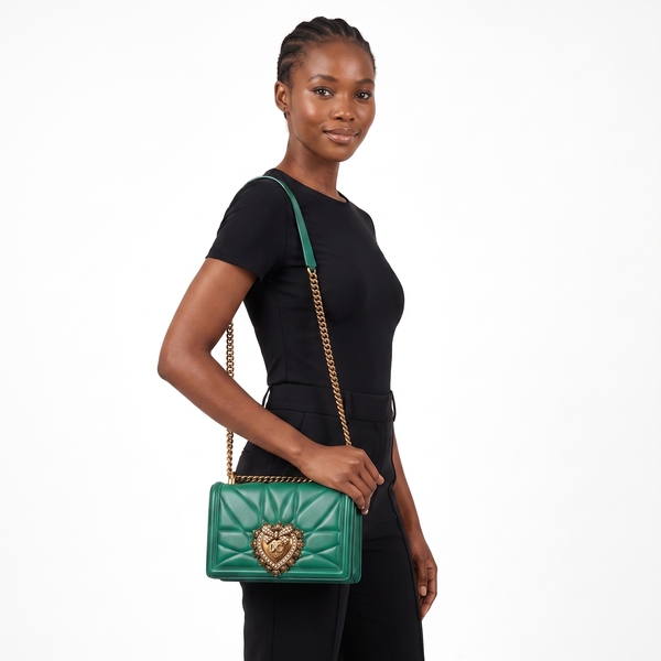 Leather Quilted Devotion Medium Shoulder Bag Green