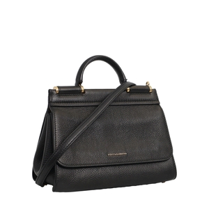 Grained Leather Sicily Medium Top Handle Bag Black, view 2