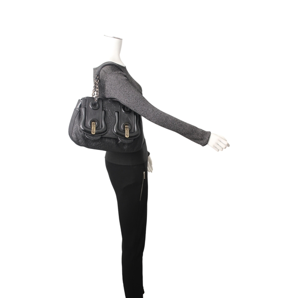 Drummed Leather/Patent B Shoulder Bag Black