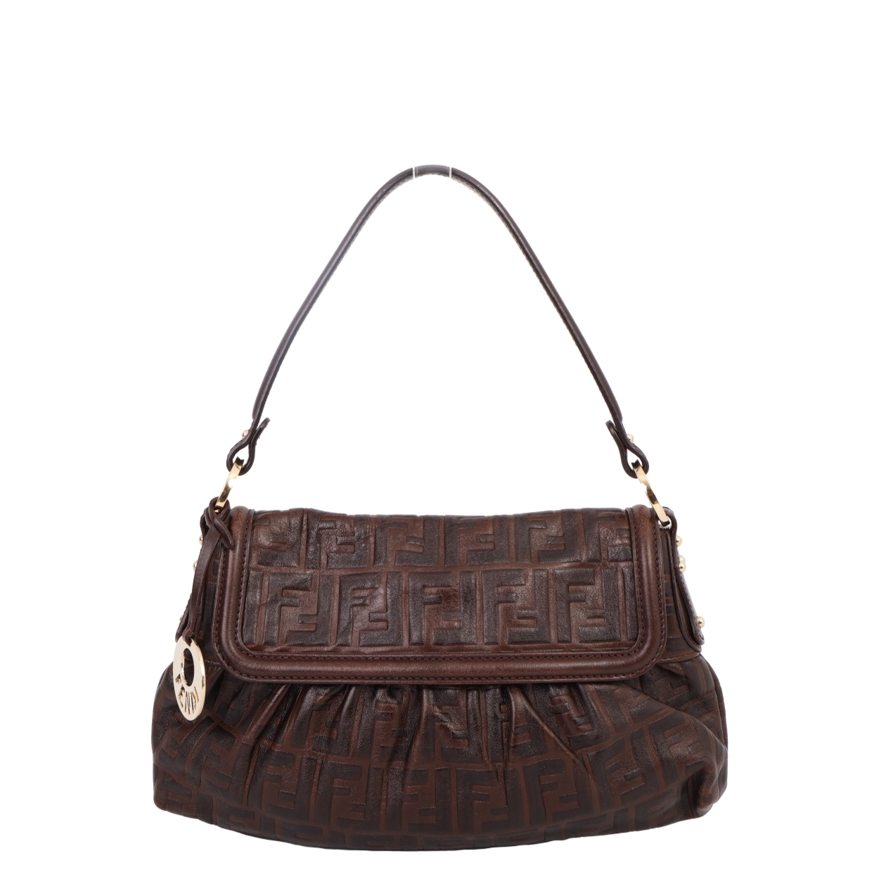 FENDI Leather FF Embossed Chef Shoulder Bag Brown | Luxity
