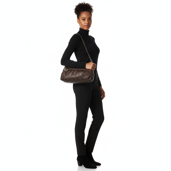 Leather FF Embossed Chef Shoulder Bag Brown