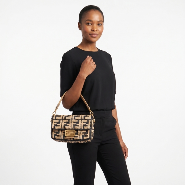 Raffia FF Crochet Bag Beige/Black