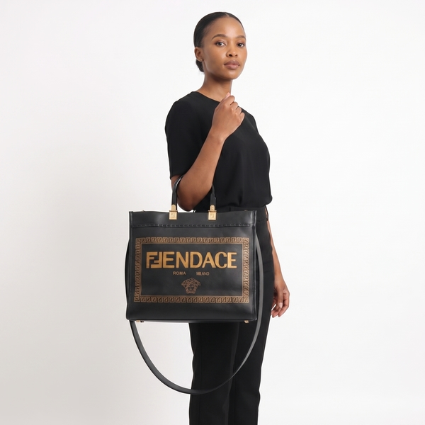 x VERSACE Leather Medium Sunshine Tote Black