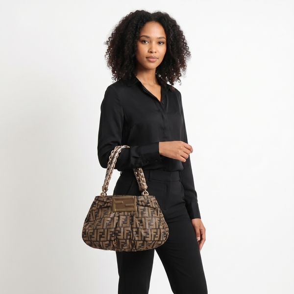 Mixed Material FF Small Mia Bag Tobacco/Gold Tone