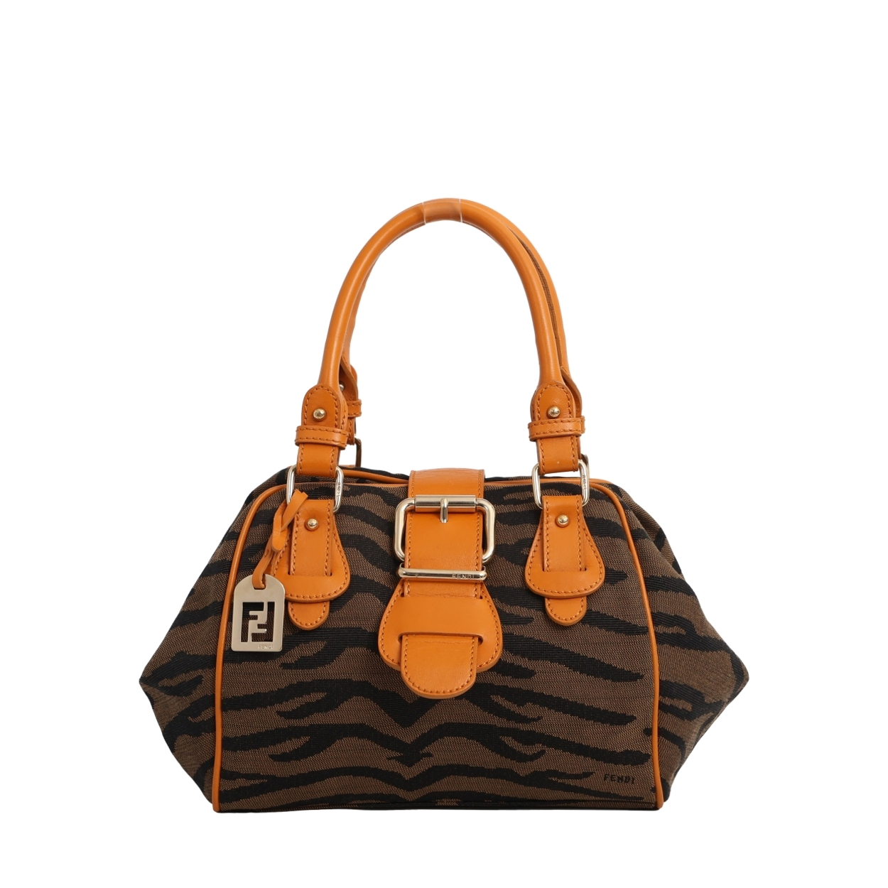Canvas Tiger Print Top Handle Bag Brown/Burnt Orange