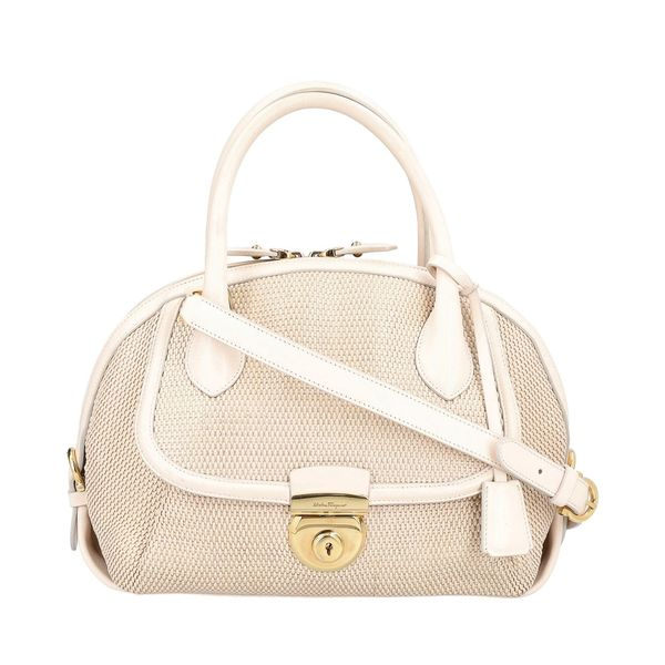 Leather Trim Straw Tote Ivory