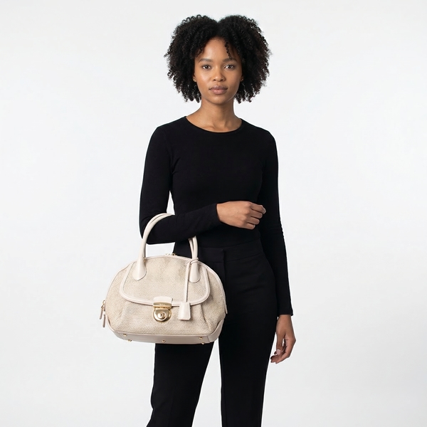 Leather Trim Straw Tote Ivory