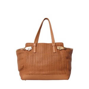 SALVATORE FERRAGAMO Leather Woven Verve Tote Tan | Luxity