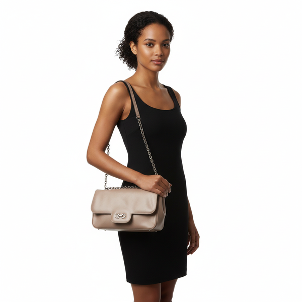 Leather Luciana Chain Flap Bag Champagne