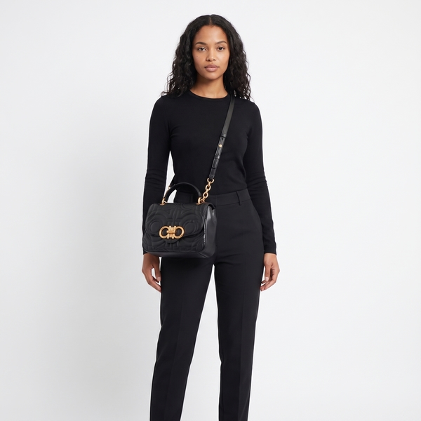 Quilted Leather Gancini Top Handle Black