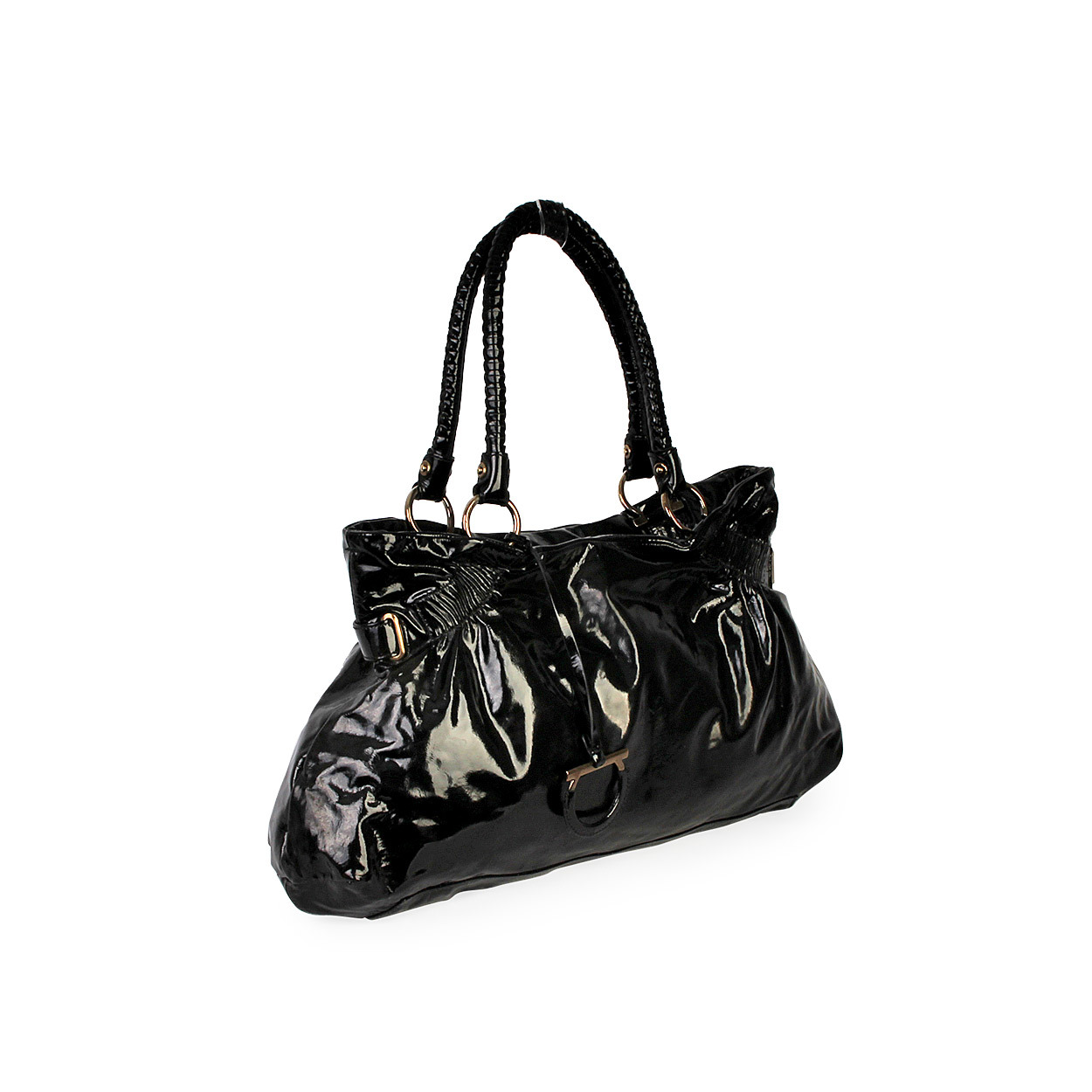 SALVATORE FERRAGAMO Patent Leather Ava Shoulder Bag Black | Luxity