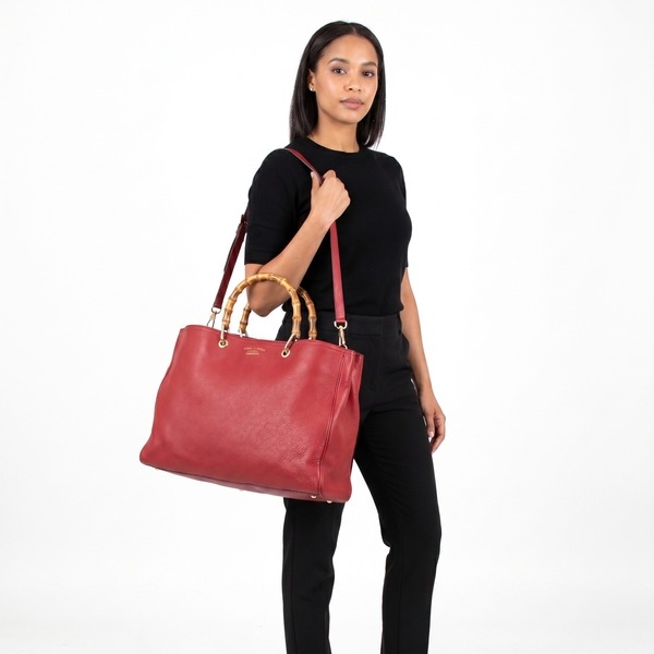 Leather Bamboo Large Shopper Tote Red