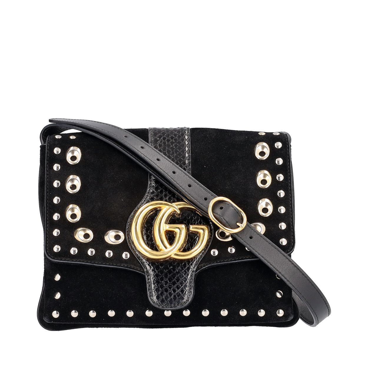 GUCCI Suede/Snakeskin Medium Studded Arli Shoulder Bag Black | Luxity