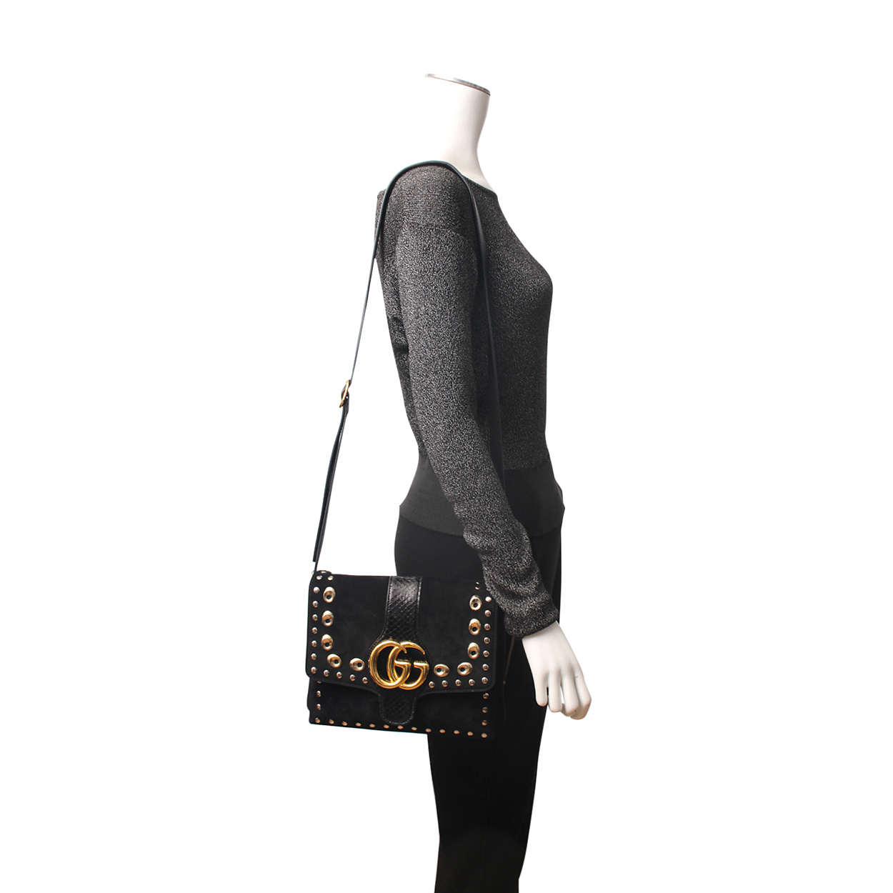 GUCCI Suede/Snakeskin Medium Studded Arli Shoulder Bag Black | Luxity