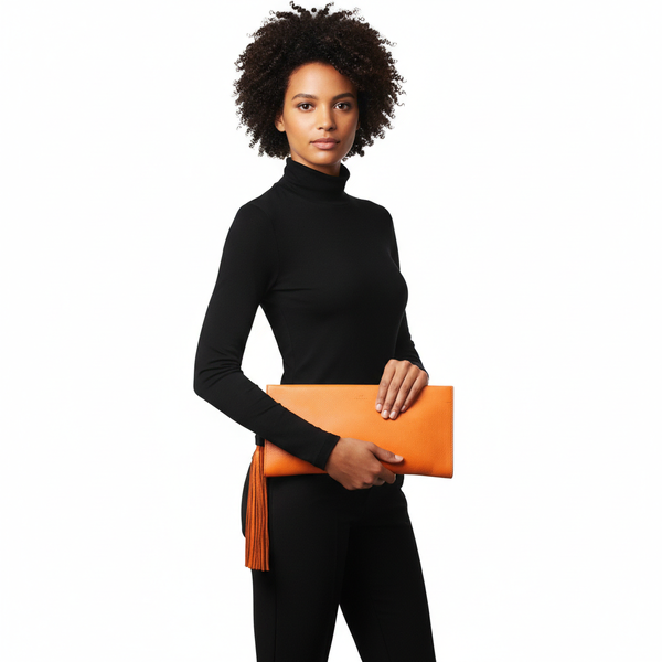 Leather Bamboo Tassel Clutch Orange