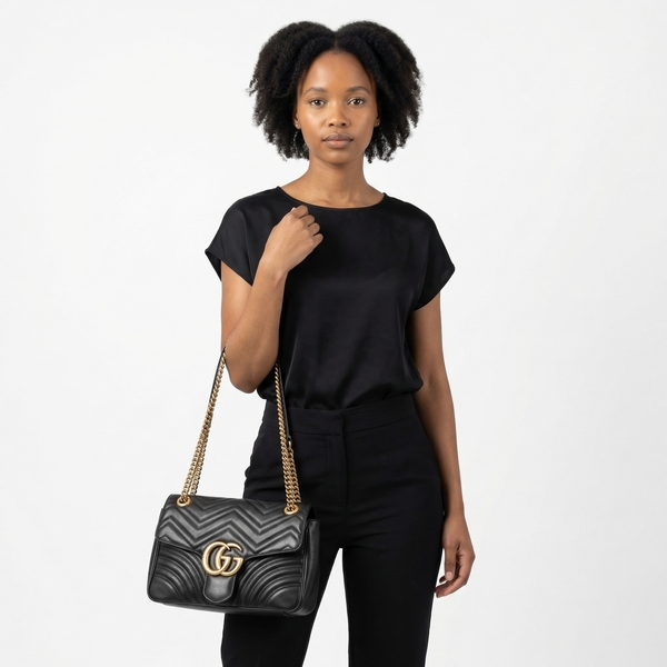 Leather GG Marmont Large Shoulder Bag Black