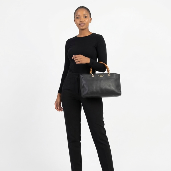 Leather Bamboo Shopper Tote Black