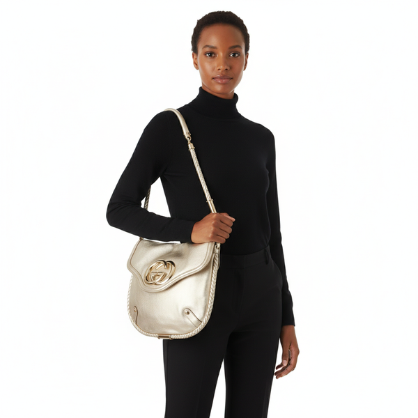 Metallic Leather Britt Small Tassel Hobo Champagne