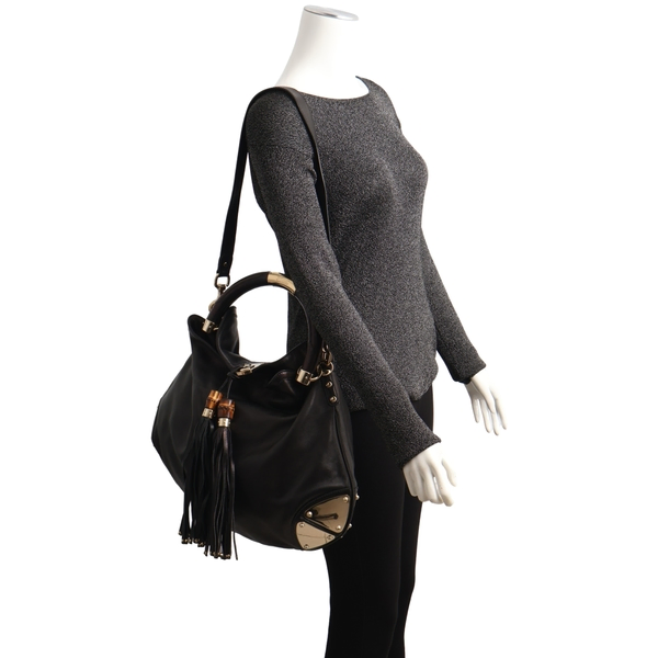 Leather Babouska Indy Bamboo Tassel Hobo Black