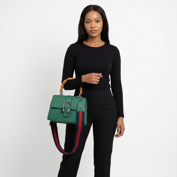 Leather Bamboo Handle Medium Dionysus Shoulder Bag Green