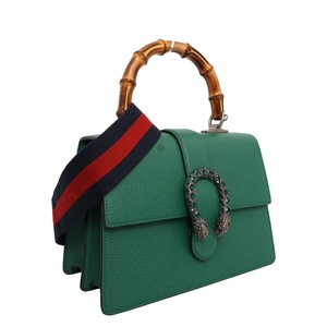 Leather Bamboo Handle Medium Dionysus Shoulder Bag Green, view 2