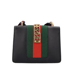 Leather Mini Sylvie Chain Shoulder Bag Black, view 3