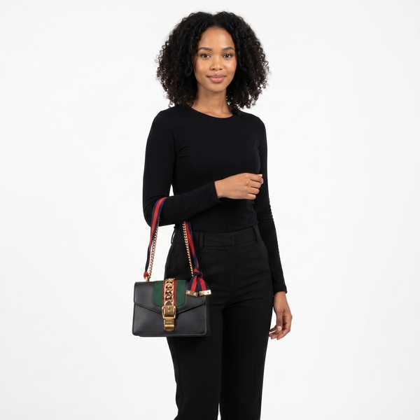 Leather Mini Sylvie Chain Shoulder Bag Black