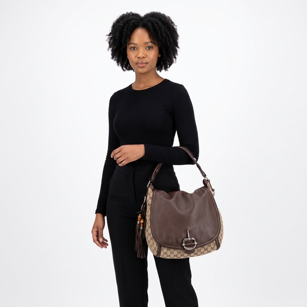 Leather/Canvas GG Horsebit Flap Bag Beige/Brown