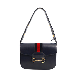 Leather/Velvet Web Horsebit 1955 Medium Shoulder Bag Navy