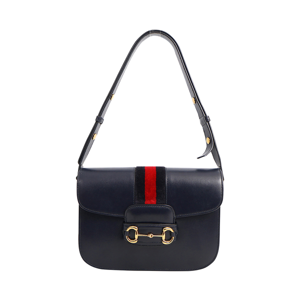 Leather/Velvet Web Horsebit 1955 Medium Shoulder Bag Navy