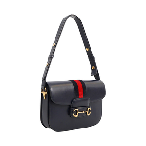 Leather/Velvet Web Horsebit 1955 Medium Shoulder Bag Navy, view 2