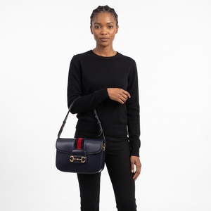 Leather/Velvet Web Horsebit 1955 Medium Shoulder Bag Navy, view 8