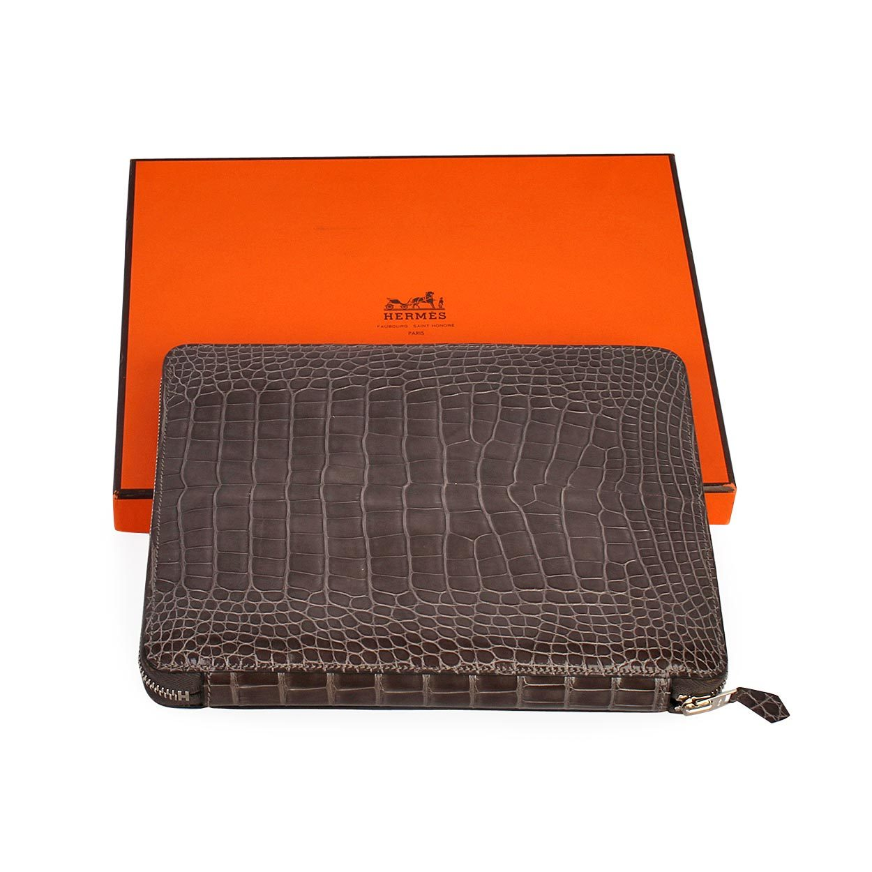 HERMES Crocodile Leather Zip Around Agenda Grey | Luxity