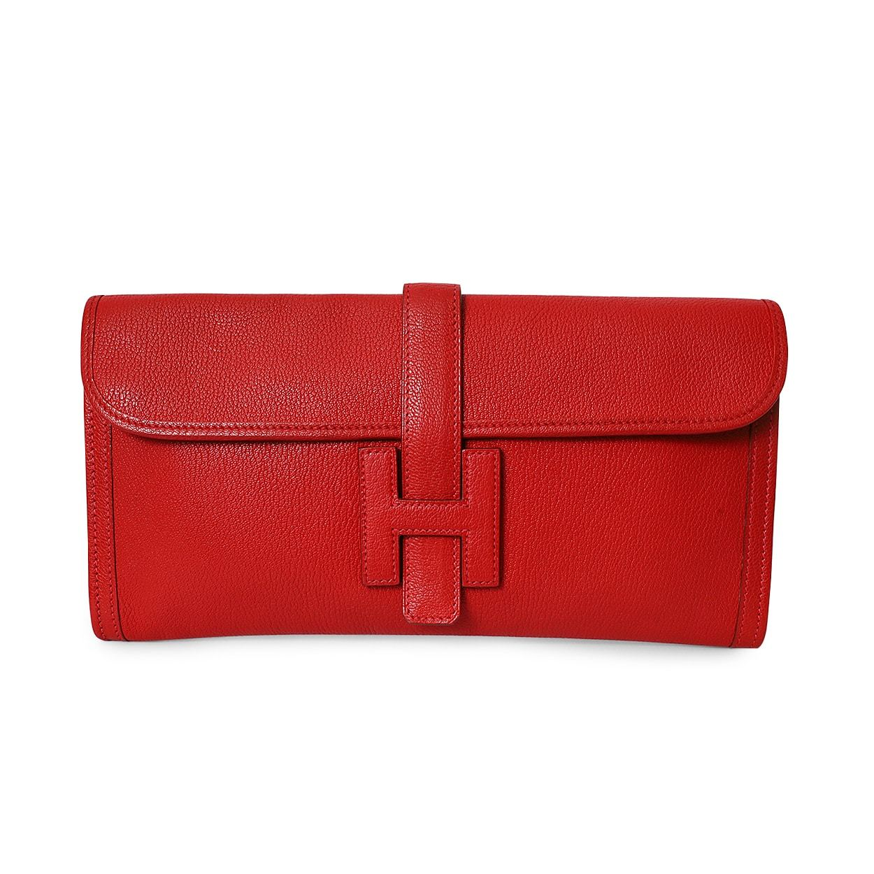 HERMES Leather Jige Elan Clutch Bag Red | Luxity