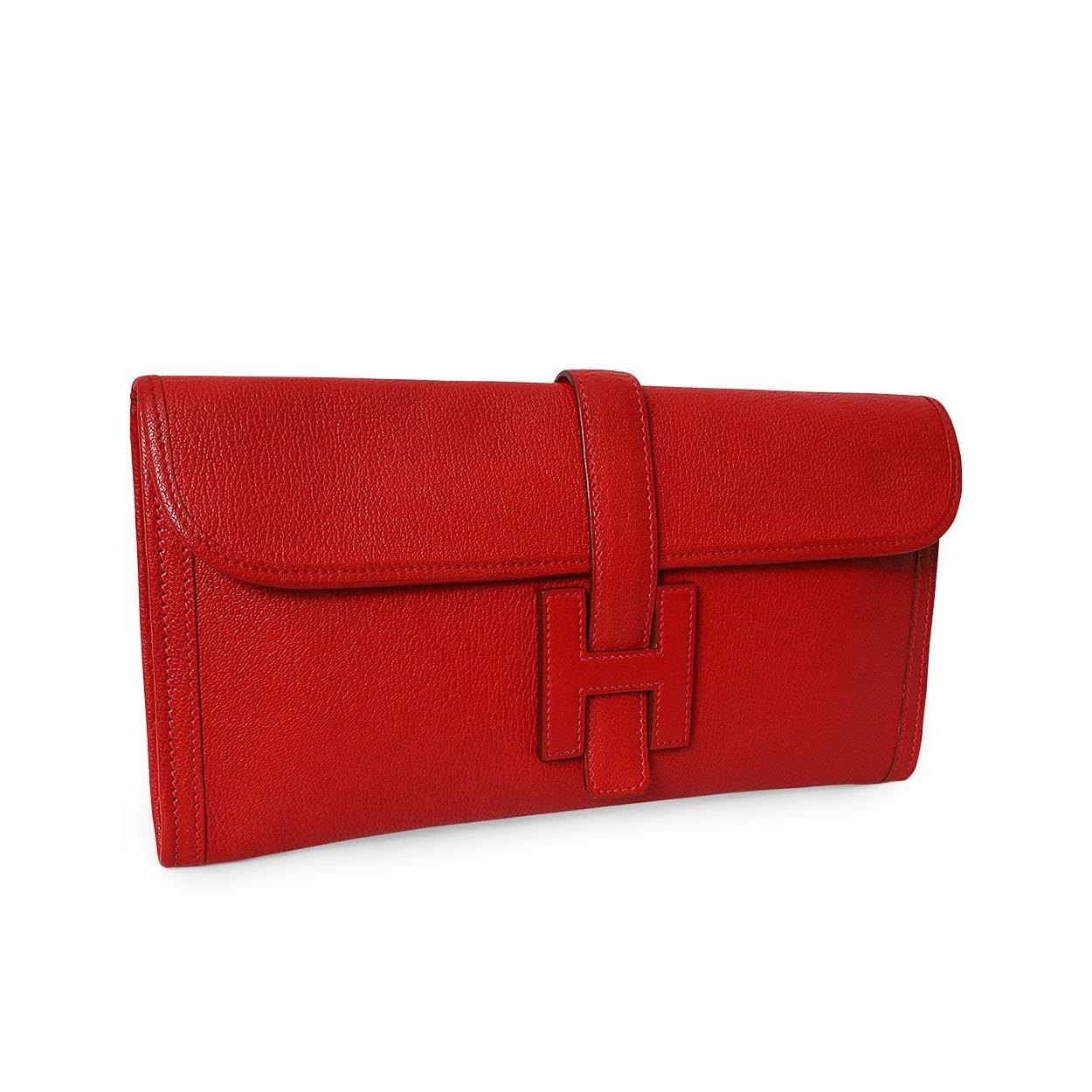 HERMES Leather Jige Elan Clutch Bag Red | Luxity