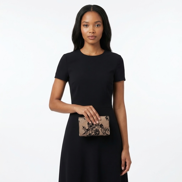 Lace/Leather Clutch Beige/Black