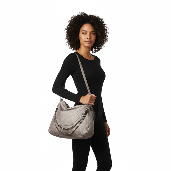 Metallic Leather Boho Shoulder Bag Platinum