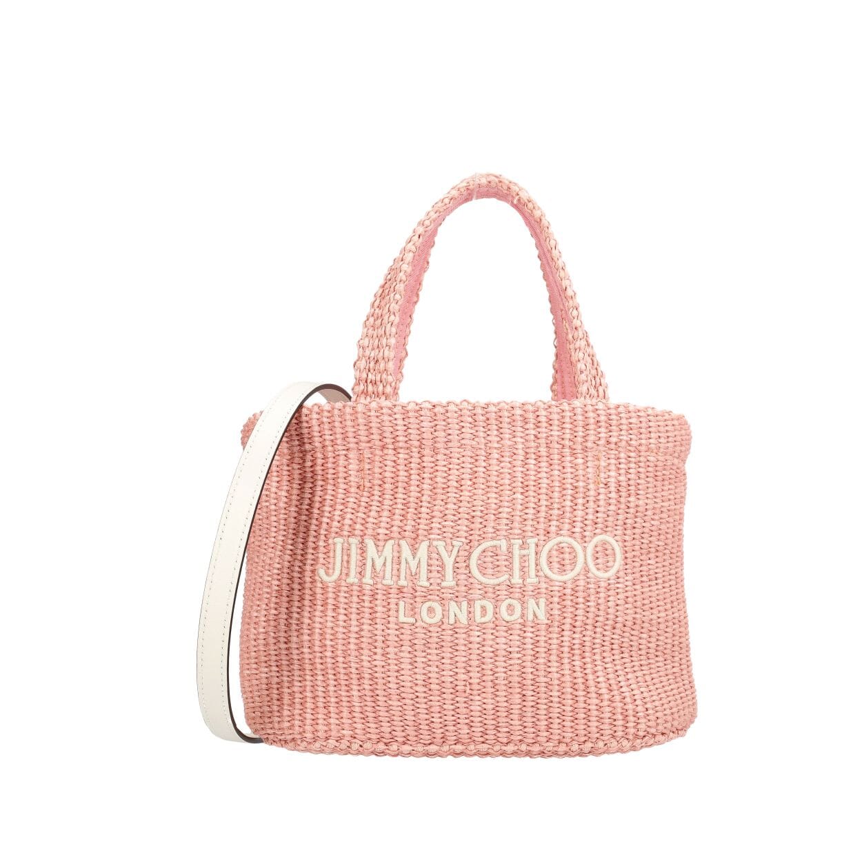 JIMMY CHOO Raffia Beach Mini Tote E/W Rose/Latte | Luxity