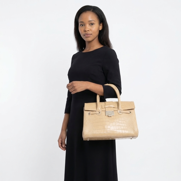 Croc Embossed Rosalie Tote Beige