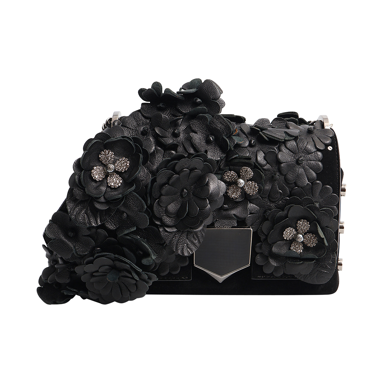 JIMMY CHOO Suede Floral Embellished Shoulder Bag Black | Luxity