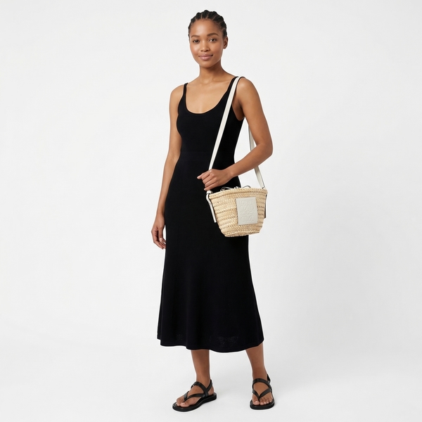 Palm Leaf Calfskin Drawstring Bucket Mini Bag Natural/White