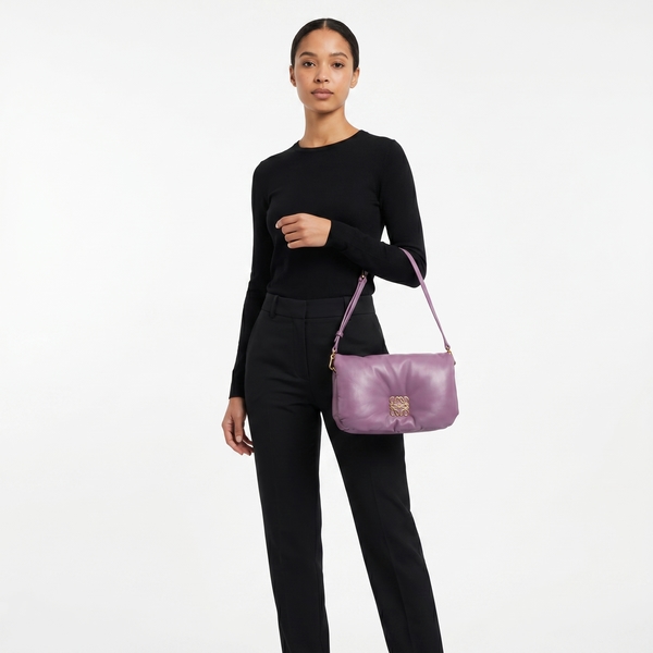 Leather Goya Puffer Shoulder Bag Purple