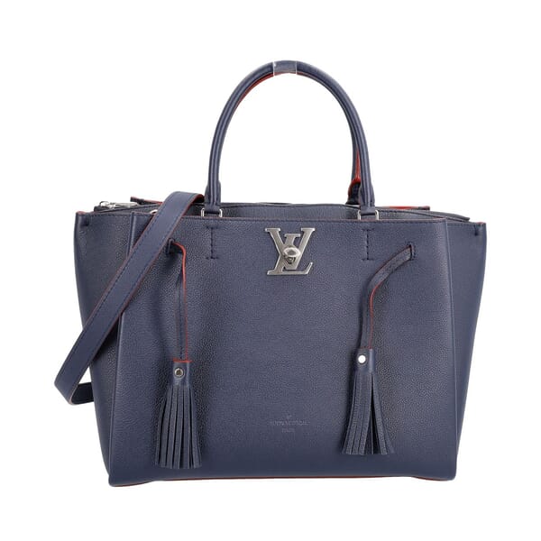 Leather Lockme Tote Marine Rouge