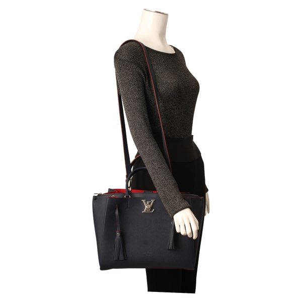 Leather Lockme Tote Marine Rouge
